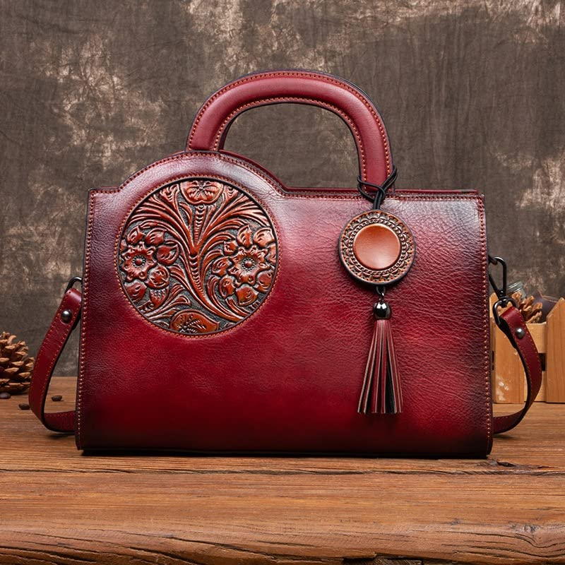Retro Ladies Cow Leather Embossed Hand Bag With Leather Handle – Maple's