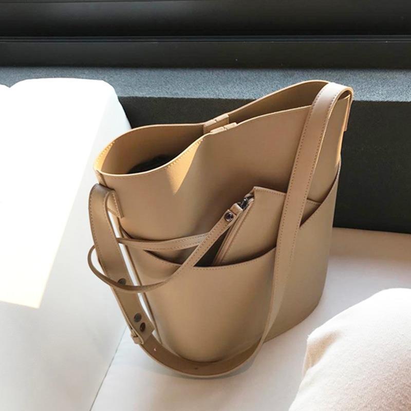 PU Leather Shoulder Bucket Bag Set . (Bucket Bag + Clutch Wallet)
