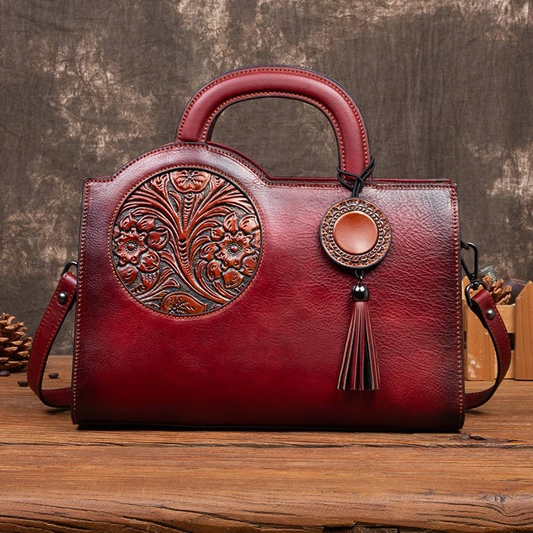 Retro Ladies Cow Leather Embossed Hand Bag With Leather Handle
