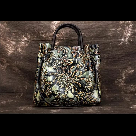 Retro Ladies Cow Leather Three-Dimensional Embossed Rubbing Color Hand Bag
